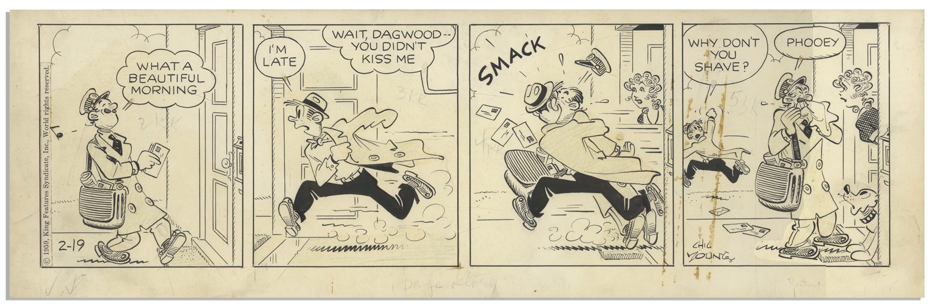 Chic Young Hand-Drawn ''Blondie'' Comic Strip From 1959 Titled ''Delivered by Mistake!'' -- Dagwood Kisses the Mailman on the Rush Out the Door